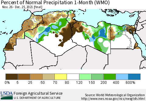 North Africa Percent of Normal Precipitation 1-Month (WMO) Thematic Map For 11/26/2021 - 12/25/2021