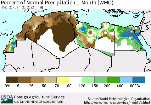 North Africa Percent of Normal Precipitation 1-Month (WMO) Thematic Map For 12/21/2021 - 1/20/2022