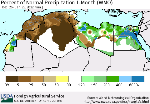 North Africa Percent of Normal Precipitation 1-Month (WMO) Thematic Map For 12/26/2021 - 1/25/2022