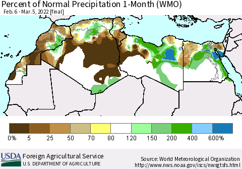 North Africa Percent of Normal Precipitation 1-Month (WMO) Thematic Map For 2/6/2022 - 3/5/2022