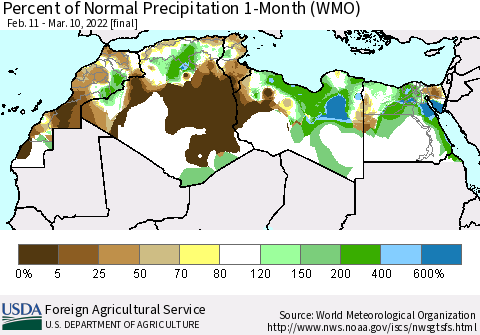 North Africa Percent of Normal Precipitation 1-Month (WMO) Thematic Map For 2/11/2022 - 3/10/2022