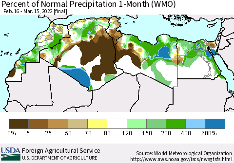 North Africa Percent of Normal Precipitation 1-Month (WMO) Thematic Map For 2/16/2022 - 3/15/2022