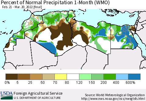 North Africa Percent of Normal Precipitation 1-Month (WMO) Thematic Map For 2/21/2022 - 3/20/2022