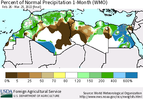 North Africa Percent of Normal Precipitation 1-Month (WMO) Thematic Map For 2/26/2022 - 3/25/2022
