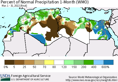 North Africa Percent of Normal Precipitation 1-Month (WMO) Thematic Map For 3/1/2022 - 3/31/2022