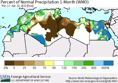 North Africa Percent of Normal Precipitation 1-Month (WMO) Thematic Map For 3/11/2022 - 4/10/2022