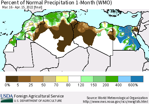 North Africa Percent of Normal Precipitation 1-Month (WMO) Thematic Map For 3/16/2022 - 4/15/2022