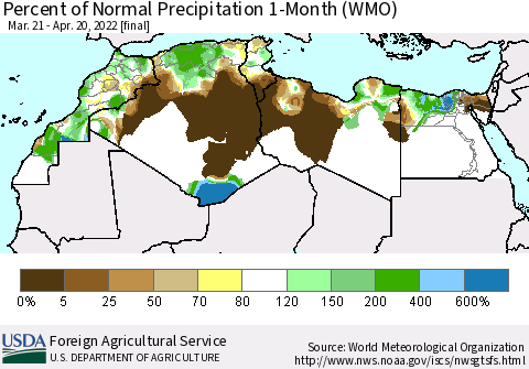 North Africa Percent of Normal Precipitation 1-Month (WMO) Thematic Map For 3/21/2022 - 4/20/2022