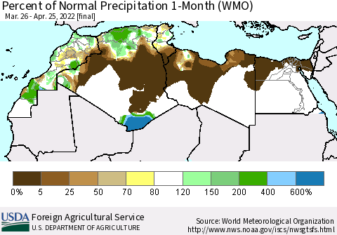 North Africa Percent of Normal Precipitation 1-Month (WMO) Thematic Map For 3/26/2022 - 4/25/2022