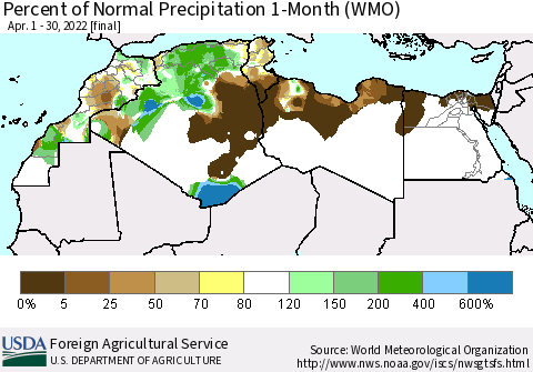North Africa Percent of Normal Precipitation 1-Month (WMO) Thematic Map For 4/1/2022 - 4/30/2022