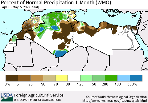 North Africa Percent of Normal Precipitation 1-Month (WMO) Thematic Map For 4/6/2022 - 5/5/2022