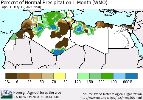 North Africa Percent of Normal Precipitation 1-Month (WMO) Thematic Map For 4/11/2022 - 5/10/2022