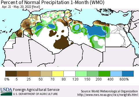 North Africa Percent of Normal Precipitation 1-Month (WMO) Thematic Map For 4/21/2022 - 5/20/2022