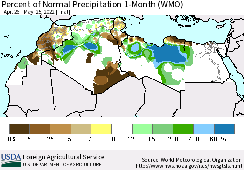 North Africa Percent of Normal Precipitation 1-Month (WMO) Thematic Map For 4/26/2022 - 5/25/2022
