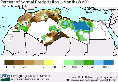 North Africa Percent of Normal Precipitation 1-Month (WMO) Thematic Map For 5/1/2022 - 5/31/2022