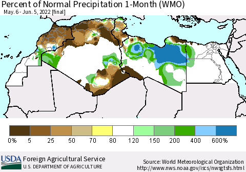 North Africa Percent of Normal Precipitation 1-Month (WMO) Thematic Map For 5/6/2022 - 6/5/2022