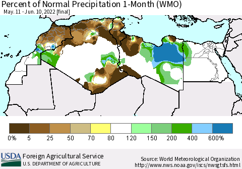North Africa Percent of Normal Precipitation 1-Month (WMO) Thematic Map For 5/11/2022 - 6/10/2022
