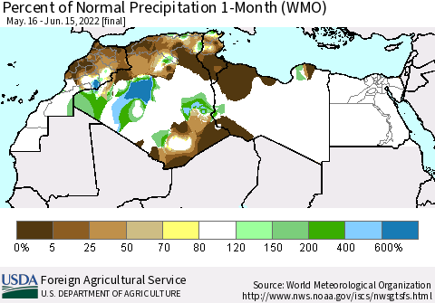North Africa Percent of Normal Precipitation 1-Month (WMO) Thematic Map For 5/16/2022 - 6/15/2022