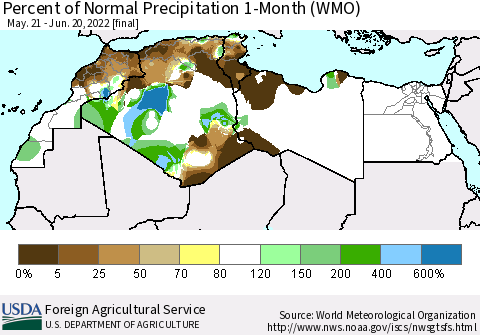 North Africa Percent of Normal Precipitation 1-Month (WMO) Thematic Map For 5/21/2022 - 6/20/2022
