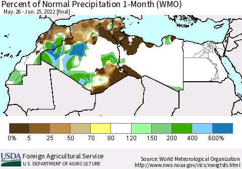 North Africa Percent of Normal Precipitation 1-Month (WMO) Thematic Map For 5/26/2022 - 6/25/2022