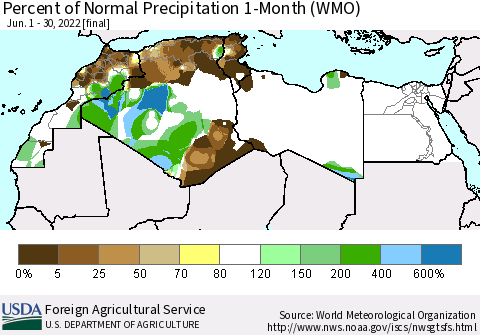 North Africa Percent of Normal Precipitation 1-Month (WMO) Thematic Map For 6/1/2022 - 6/30/2022