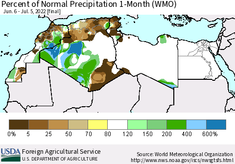 North Africa Percent of Normal Precipitation 1-Month (WMO) Thematic Map For 6/6/2022 - 7/5/2022