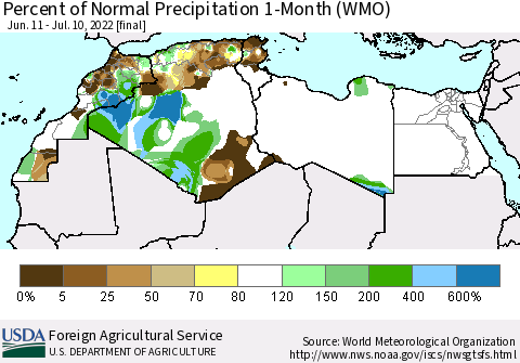 North Africa Percent of Normal Precipitation 1-Month (WMO) Thematic Map For 6/11/2022 - 7/10/2022