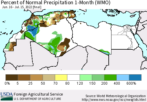 North Africa Percent of Normal Precipitation 1-Month (WMO) Thematic Map For 6/16/2022 - 7/15/2022