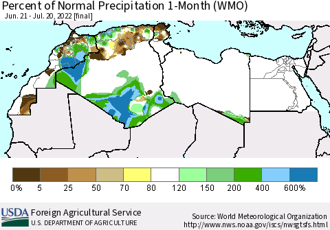 North Africa Percent of Normal Precipitation 1-Month (WMO) Thematic Map For 6/21/2022 - 7/20/2022