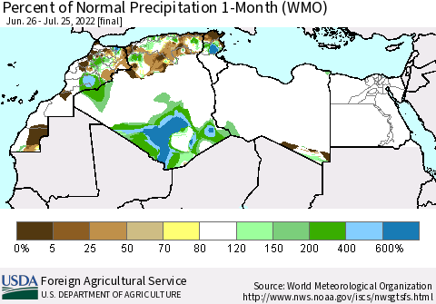 North Africa Percent of Normal Precipitation 1-Month (WMO) Thematic Map For 6/26/2022 - 7/25/2022