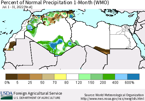 North Africa Percent of Normal Precipitation 1-Month (WMO) Thematic Map For 7/1/2022 - 7/31/2022