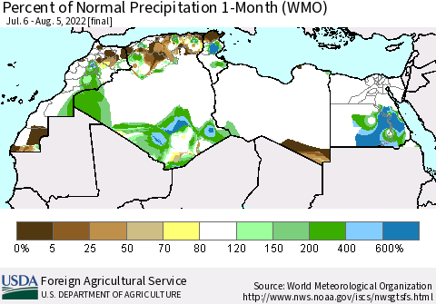North Africa Percent of Normal Precipitation 1-Month (WMO) Thematic Map For 7/6/2022 - 8/5/2022