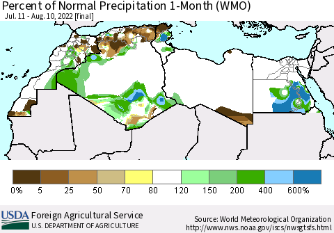North Africa Percent of Normal Precipitation 1-Month (WMO) Thematic Map For 7/11/2022 - 8/10/2022