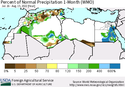 North Africa Percent of Normal Precipitation 1-Month (WMO) Thematic Map For 7/16/2022 - 8/15/2022