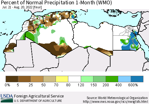 North Africa Percent of Normal Precipitation 1-Month (WMO) Thematic Map For 7/21/2022 - 8/20/2022