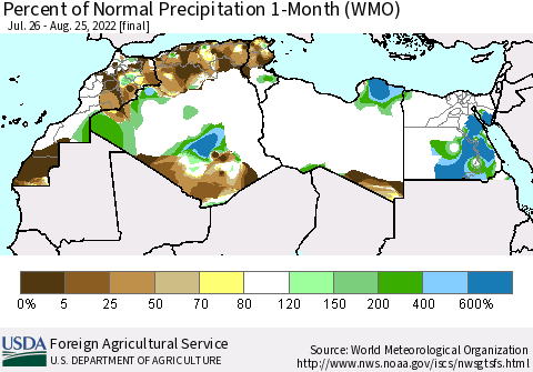 North Africa Percent of Normal Precipitation 1-Month (WMO) Thematic Map For 7/26/2022 - 8/25/2022