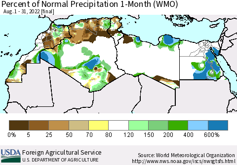 North Africa Percent of Normal Precipitation 1-Month (WMO) Thematic Map For 8/1/2022 - 8/31/2022