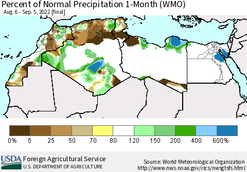North Africa Percent of Normal Precipitation 1-Month (WMO) Thematic Map For 8/6/2022 - 9/5/2022