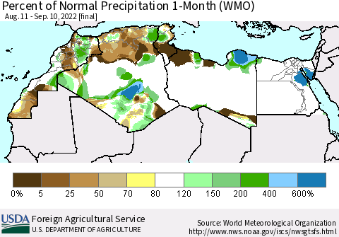 North Africa Percent of Normal Precipitation 1-Month (WMO) Thematic Map For 8/11/2022 - 9/10/2022