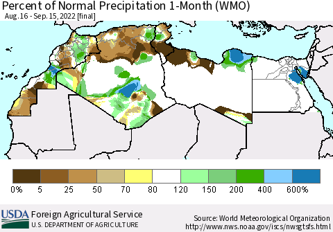 North Africa Percent of Normal Precipitation 1-Month (WMO) Thematic Map For 8/16/2022 - 9/15/2022
