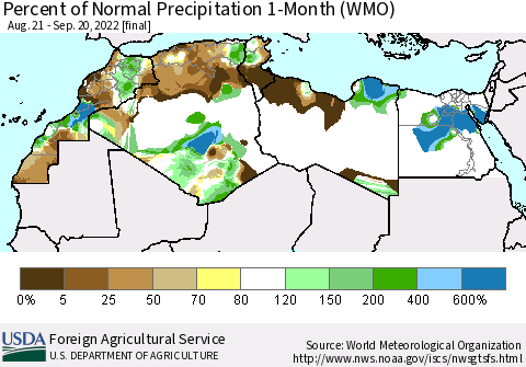 North Africa Percent of Normal Precipitation 1-Month (WMO) Thematic Map For 8/21/2022 - 9/20/2022