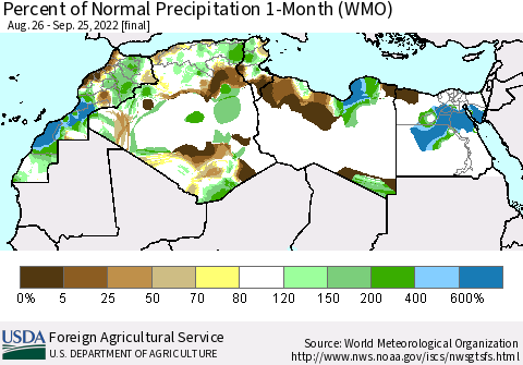 North Africa Percent of Normal Precipitation 1-Month (WMO) Thematic Map For 8/26/2022 - 9/25/2022