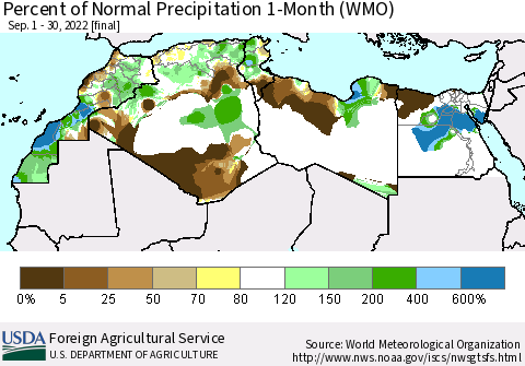North Africa Percent of Normal Precipitation 1-Month (WMO) Thematic Map For 9/1/2022 - 9/30/2022
