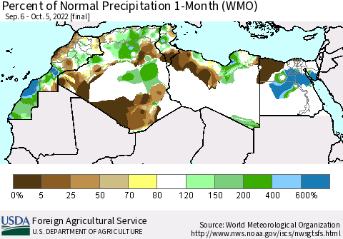 North Africa Percent of Normal Precipitation 1-Month (WMO) Thematic Map For 9/6/2022 - 10/5/2022