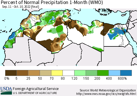 North Africa Percent of Normal Precipitation 1-Month (WMO) Thematic Map For 9/11/2022 - 10/10/2022