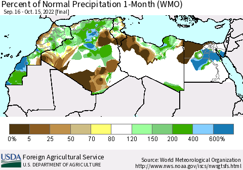 North Africa Percent of Normal Precipitation 1-Month (WMO) Thematic Map For 9/16/2022 - 10/15/2022