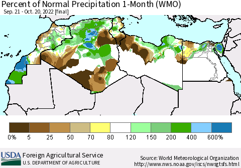 North Africa Percent of Normal Precipitation 1-Month (WMO) Thematic Map For 9/21/2022 - 10/20/2022
