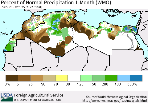 North Africa Percent of Normal Precipitation 1-Month (WMO) Thematic Map For 9/26/2022 - 10/25/2022