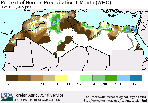 North Africa Percent of Normal Precipitation 1-Month (WMO) Thematic Map For 10/1/2022 - 10/31/2022