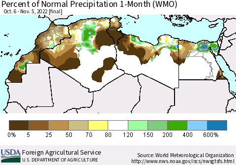 North Africa Percent of Normal Precipitation 1-Month (WMO) Thematic Map For 10/6/2022 - 11/5/2022